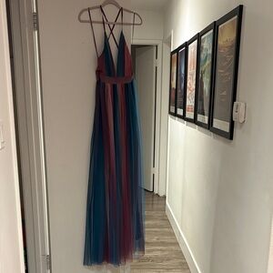 Luxxel Tulle Backless Blue and Burgundy gown